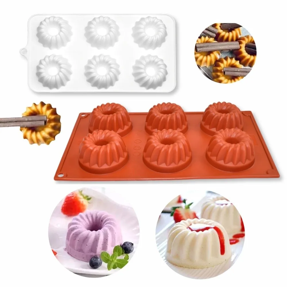 6 Cavity Fluted Tube Cake Pan Heat-Resistant Silicone Baking Mold Non-Stick Reusable Chocolate Dessert Mold