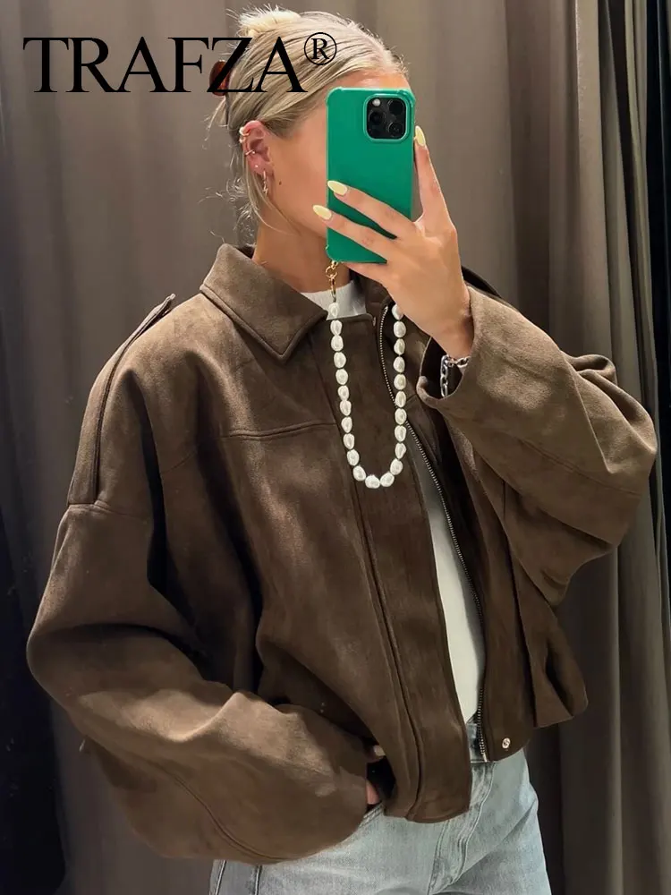 

TRAFZA Woman High Street Suede Texture Jackets Long Sleeves Turn-Down Collar Zipper Elastic Solid Spring Coats Woman Trendy