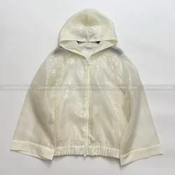 Fashion Women's 2024 Early Autumn New Heavy Sequins Silk Organza Thin Hooded Sunscreen Short Jacket