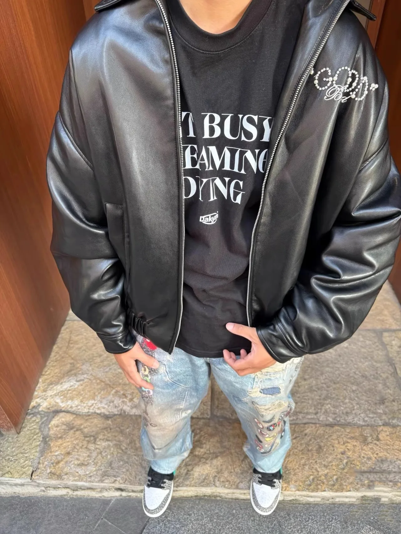 

Goodbrand Luxury Pearl Leather Jaet Coat ex Autumn Winter Outerwear Goodbasket Premium Quali Long Sve Zipper Closure