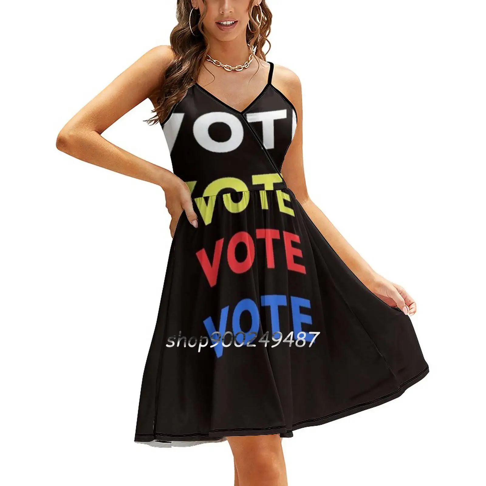 Vestido de verano con cuello cuadrado para mujer, prenda elegante con cuello Halter, estampado de vota, sombrero de vota