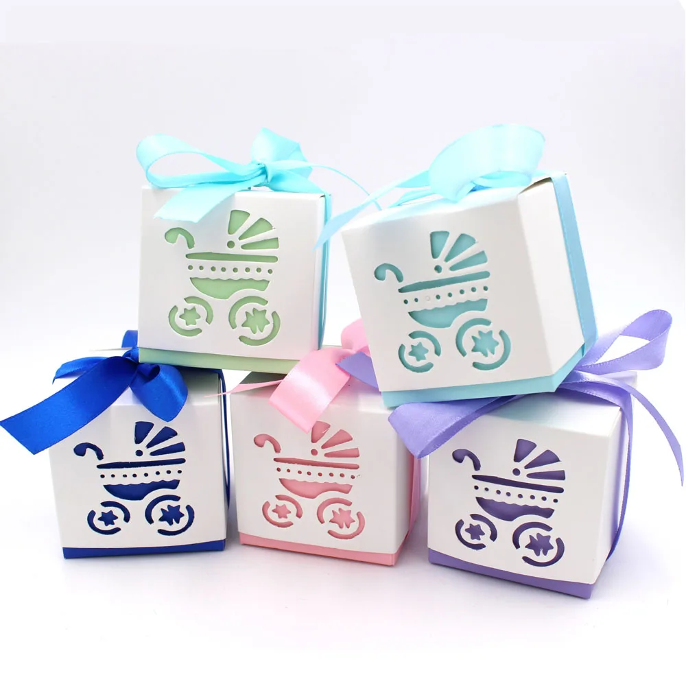 

10PCS Baby Foot Carriage Candy Box Sweet Container Favor And Gifts Boxes With Ribbon Baby Shower For Baptism Birthday Party