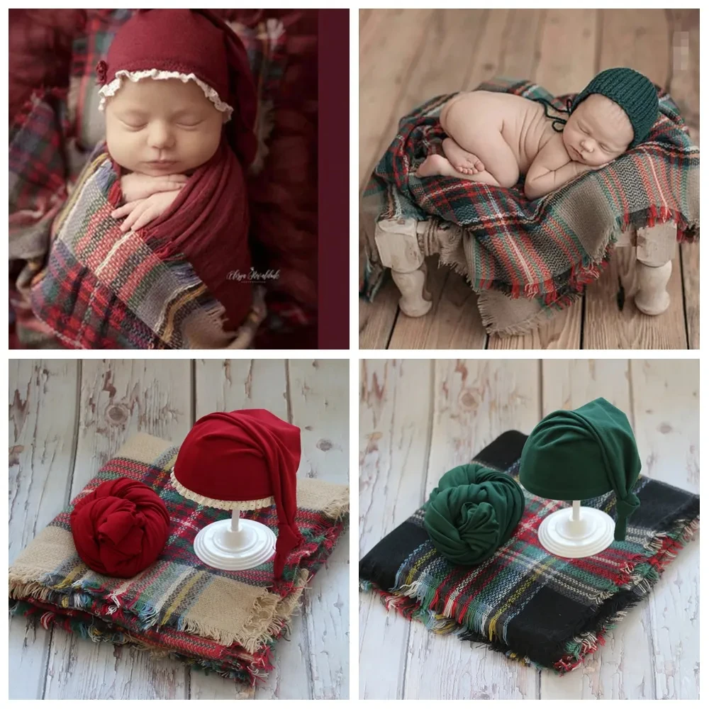 2020 New Arrival Newborn Photography Clothing Christmas 3pcs Set Hat+Wrap + Plaid Blanket Baby Photo Shoot Accessories Red Green