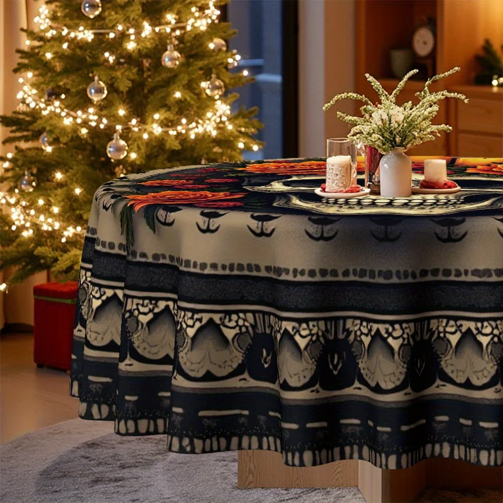 1 circular tablecloth, with a Christmas and Day of the Dead theme, decorated with flowers and candleszyc