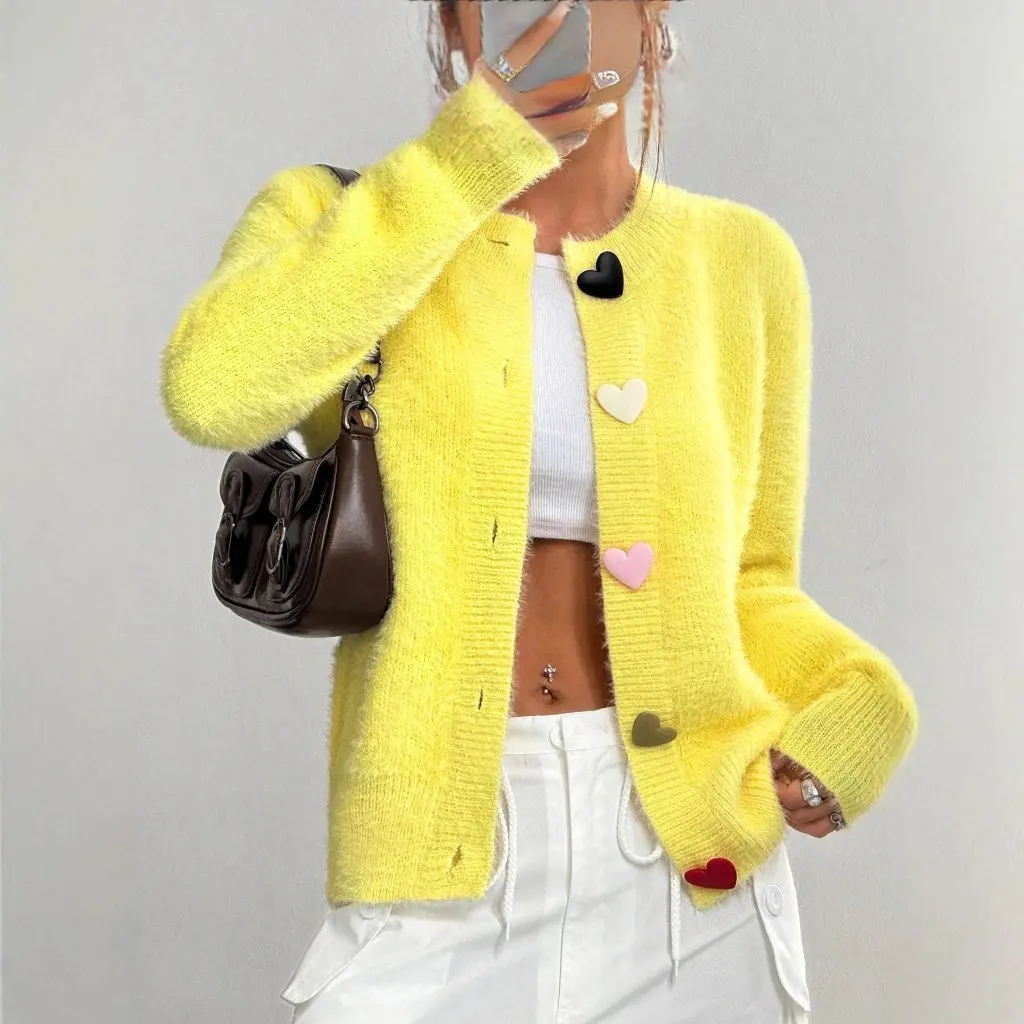 

Elegant Fashionable Women's Open Cardigan Sweater Solid Color Round Neck Casual Heart Shaped Button Autumn Winter Top