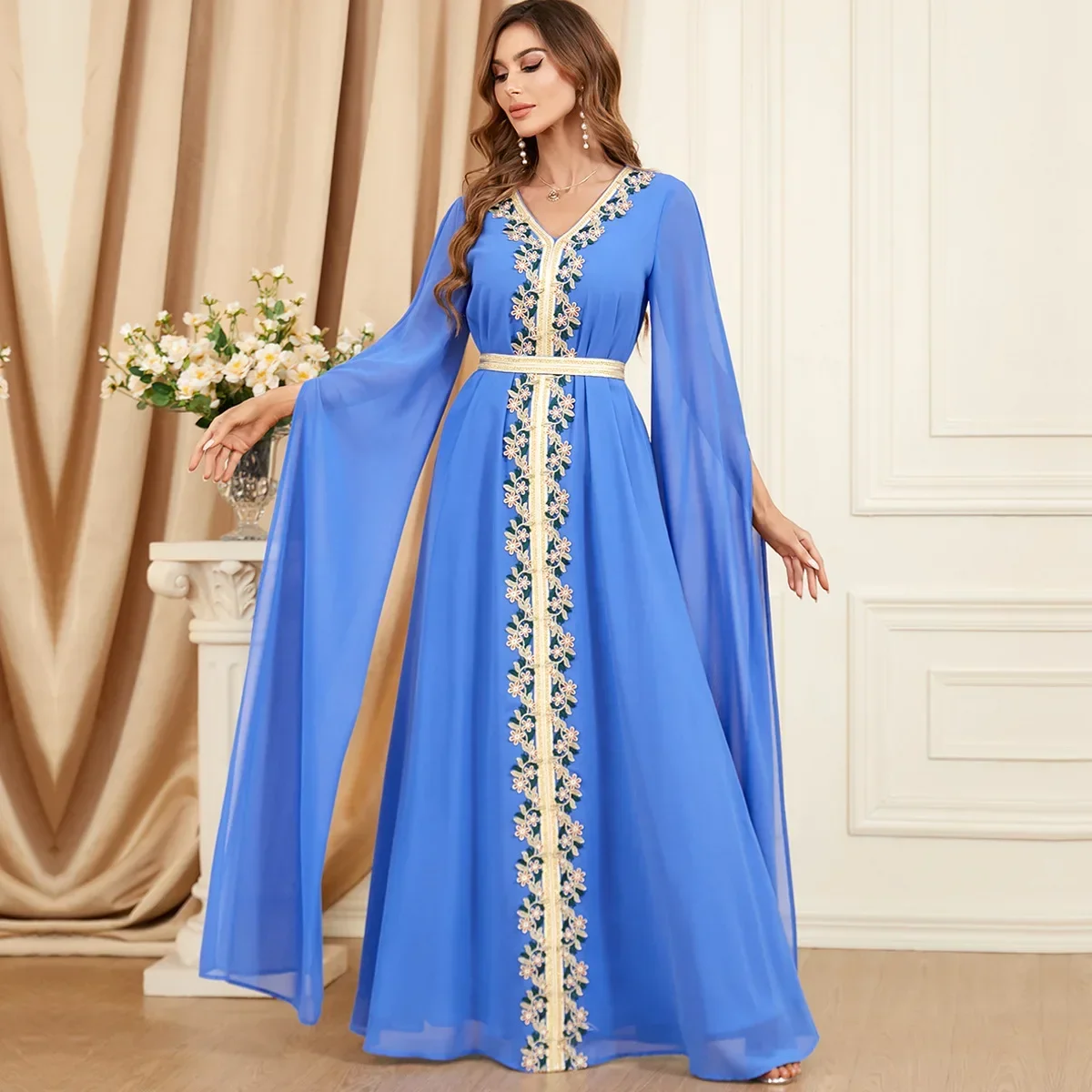 Retalhos femininos Abaya manga super longa, vestido casual muçulmano de Dubai, vestido de festa solto, vestido caftan marroquino, na moda