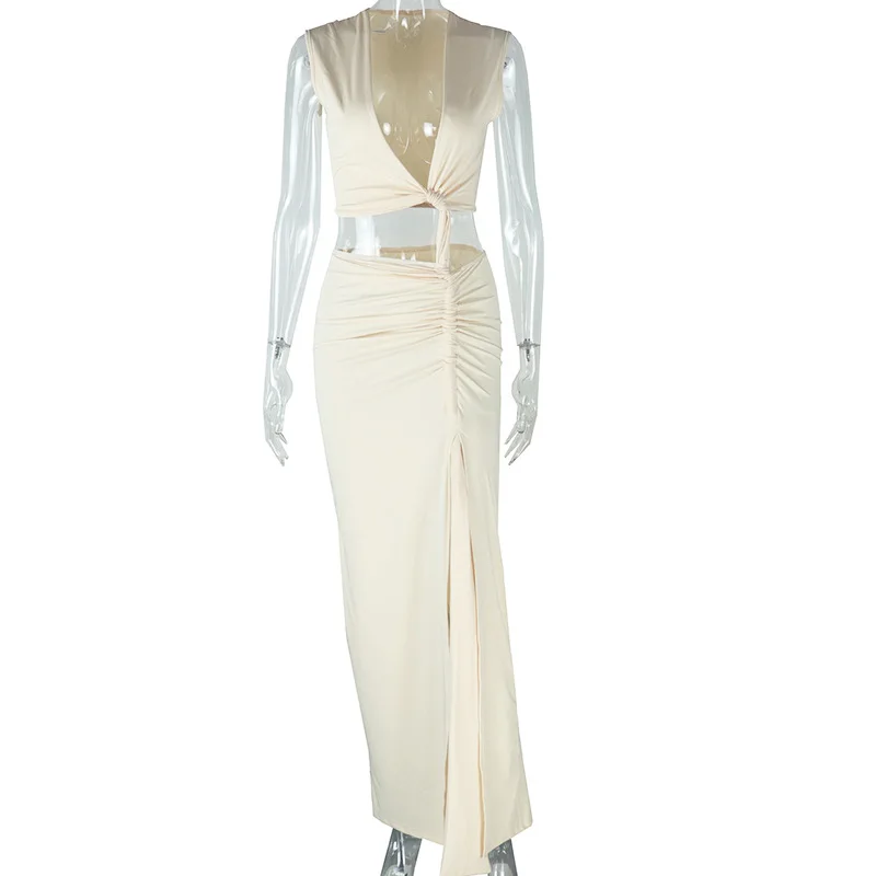 Vestidos de moda para mulheres sexy profundo decote em v sem mangas assimétrico fenda midi saia feminina cintura recorte elegante vestido ruched 2025