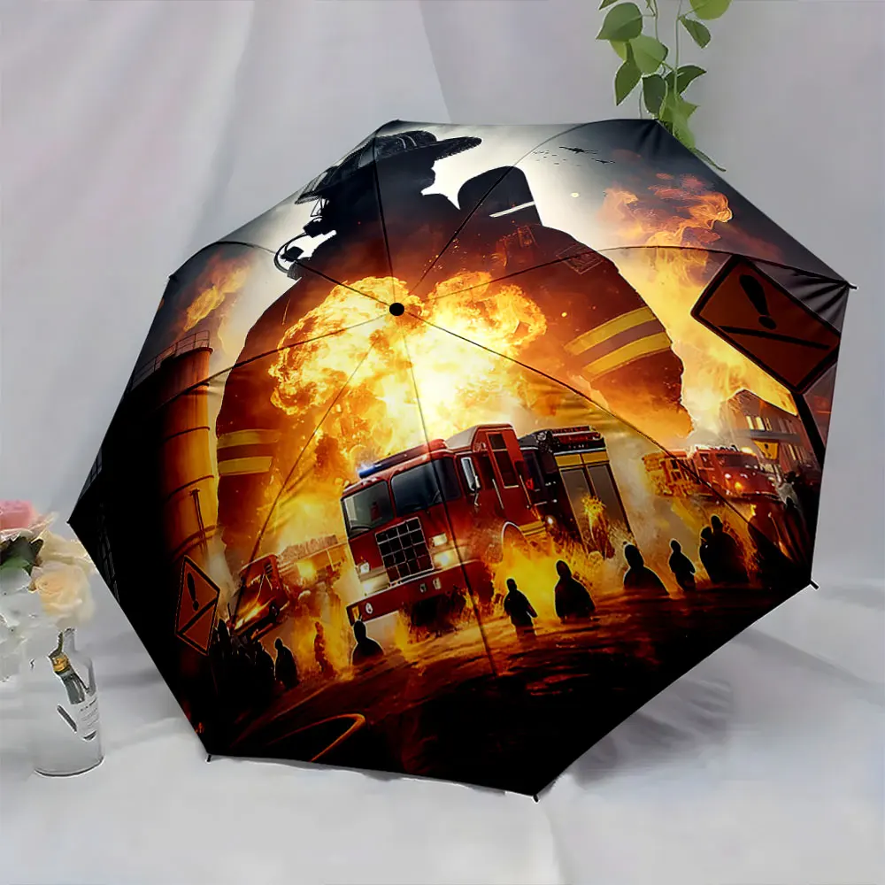 1PC Firefighter Heroism Captured on Umbrella Print 8 Iron Ribs Folding Umbrella Auto-Open Fashion Sunshade