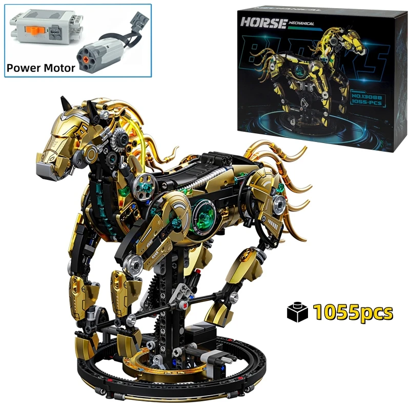 

FUNXINEE 1055 шт. моторизованные кирпичи для лошади, модель, свет, галлопающий STEM, строительный набор, MOC, декор в виде животных, креативный дисплей, подарочная коробка