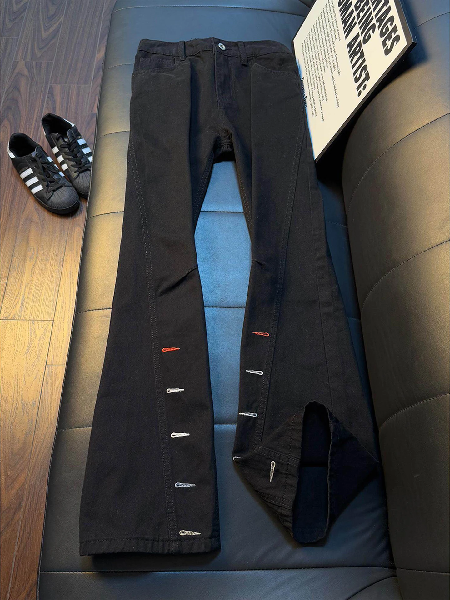 

Black Micro Flare Cotton Jeans Men Summer Thin American Style Slant Cut Knife Pure Cotton Workwear Straight Leg Jeans