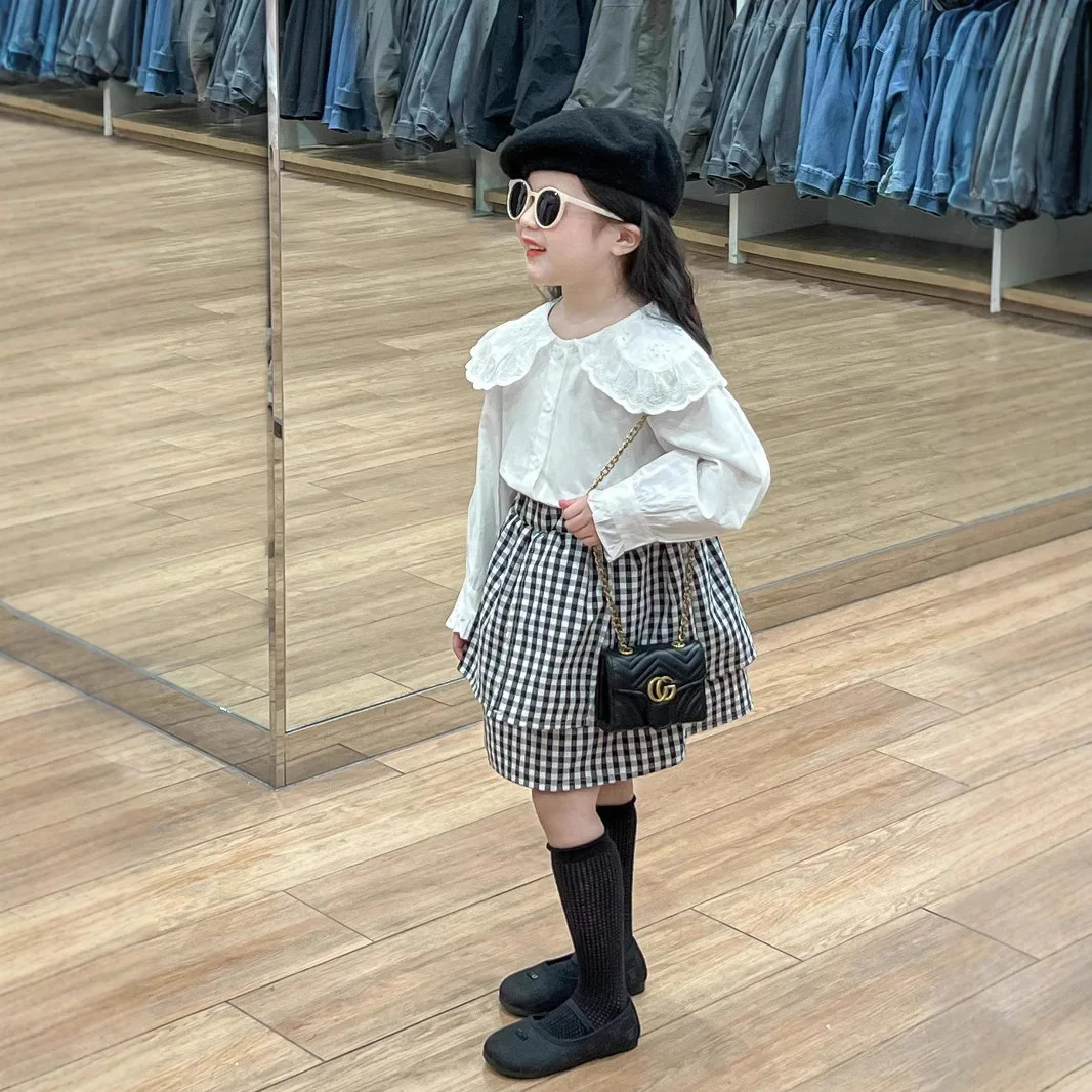 2025 Spring Girls' Temperament Literary and Art Fan Lace Large Lapel Doll Shirt Split Plaid Skirt