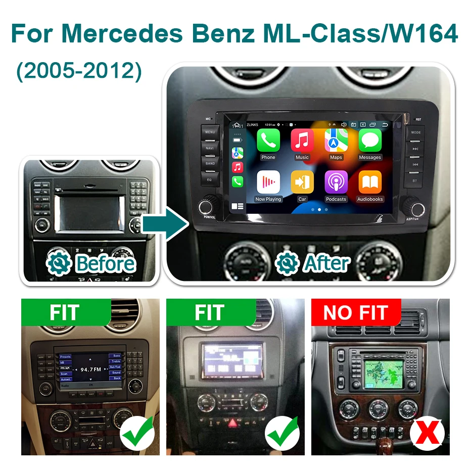Radio para Auto con Pantalla de 8'' Android 15, CarPlay Inalámbrico, Estéreo para Mercedes-Benz Clase ML W164 ML300 ML350 ML450 ML500 ML320 2005-2012, Autoradio Bluetooth, Reproductor Multimedia, Navegación GPS 2DIN 2