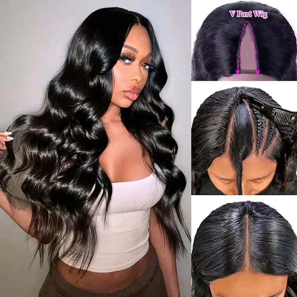 Perruques en cheveux humains en forme de V, ondulées, sans sortie de cheveux apparente, sans couture, fabriquées à la machine, ondulations profondes, densité 220, adaptées aux débutants