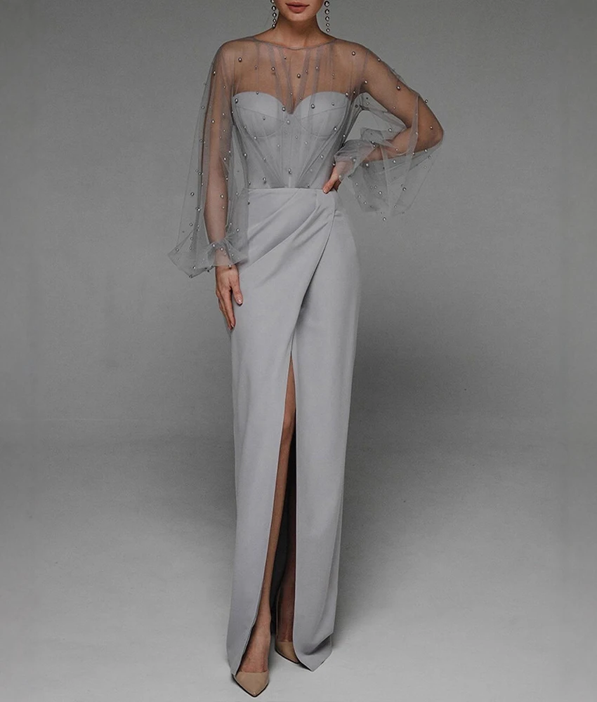 

Customized Exquisite Jersey Straight Pearls Evening Dress Temperament O-neck Long Sleeves Floor Length Prom Gowns Custom Size