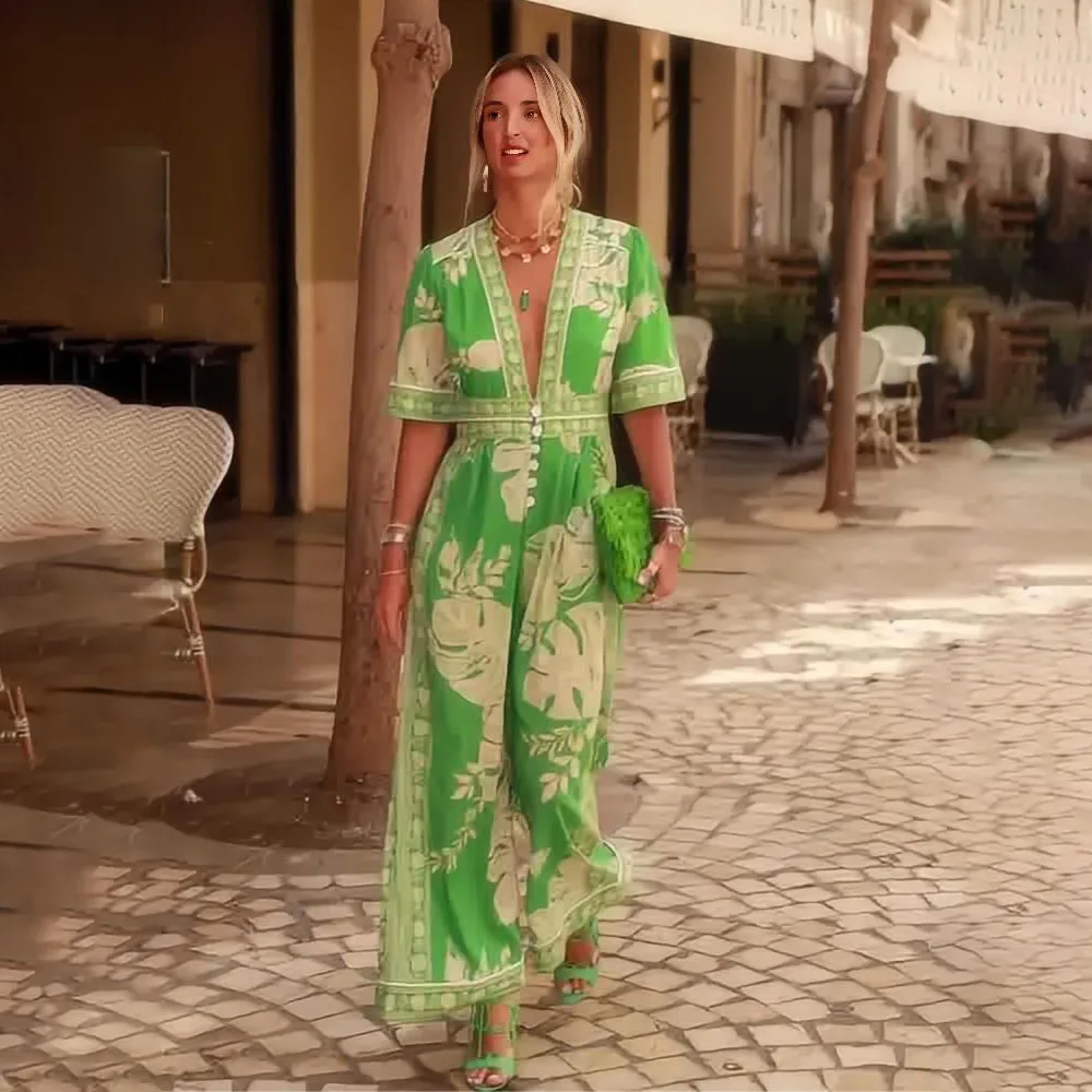 Zomer jumpsuit met wijde pijpen, dames 2025, mode, losse bloemenprint, nieuw in strapless jumpsuits, casual kleding uit één stuk