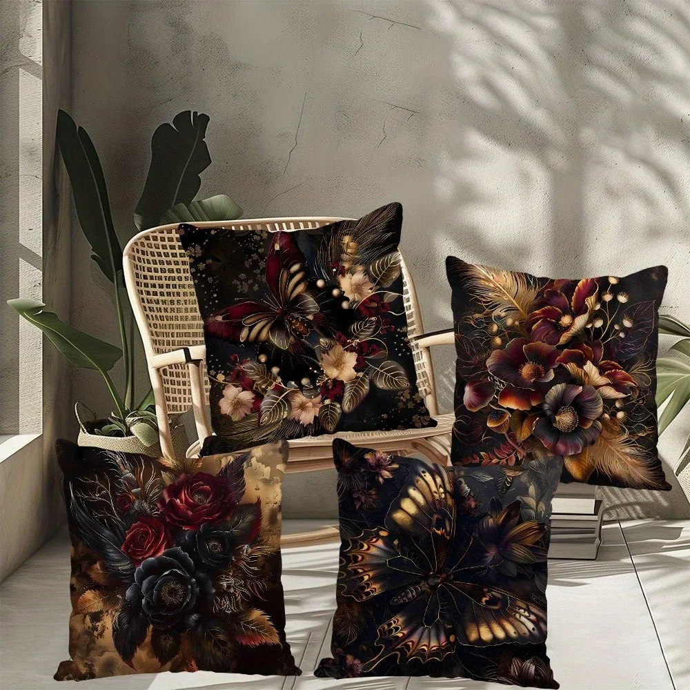 Dark gold flower decorative pillowcase, ultra-soft polyester material living room sofa backrest car pillowcase home decoration