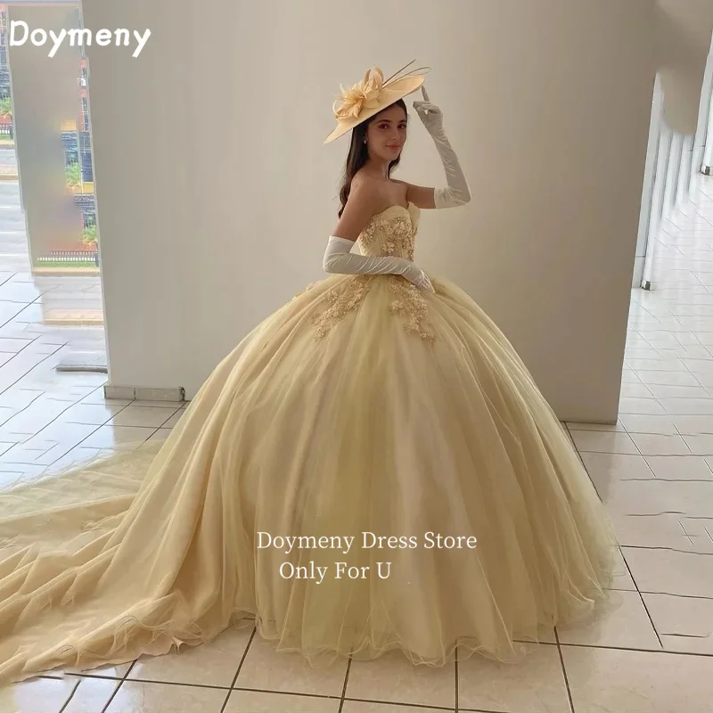 Doymeny-Robes de Quinceanera chérie, fleurs florales 3D, tulle, train de balayage, robe éducative