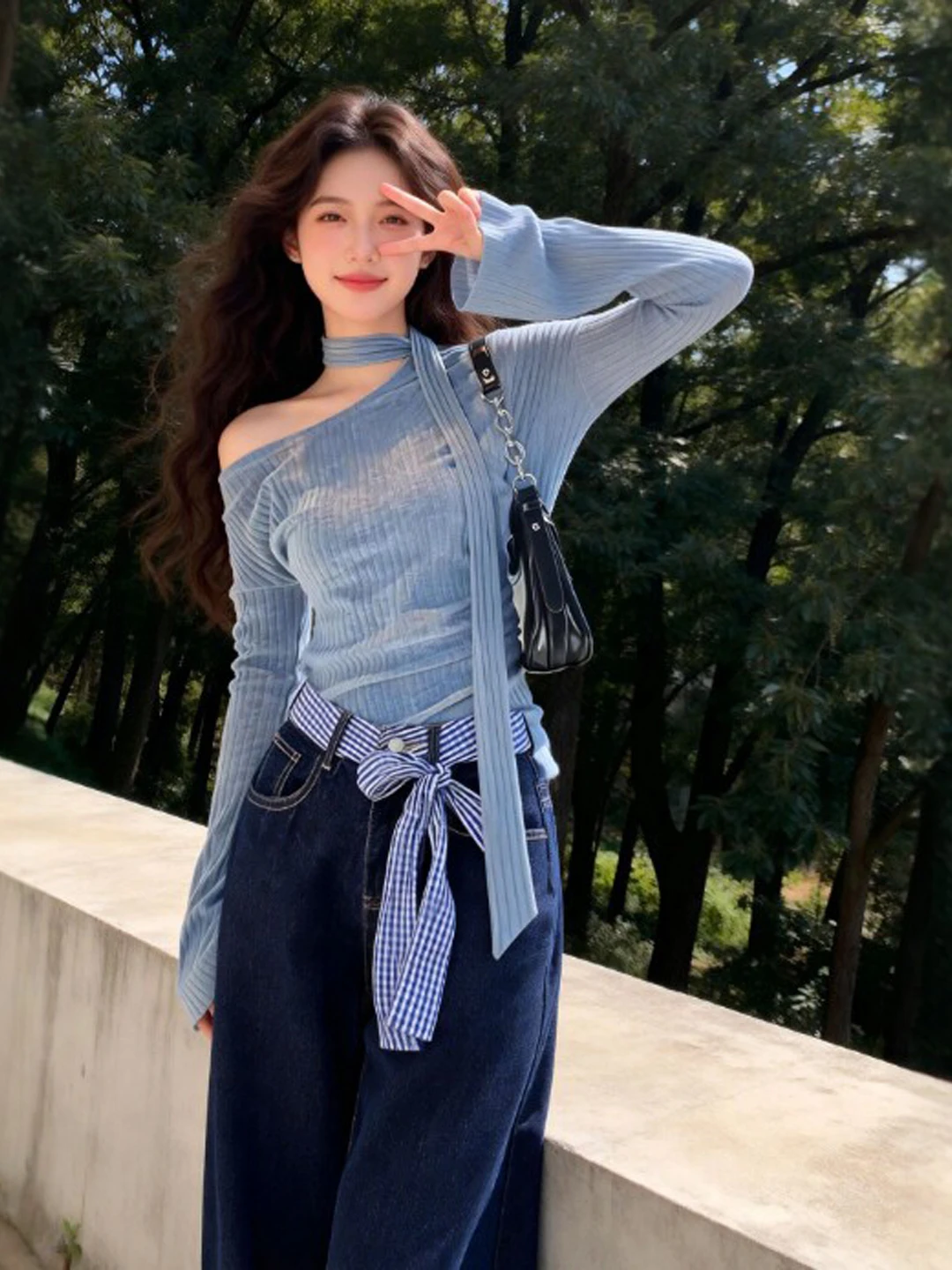 

Retro Gentle Sle Wide Leg Pants Two-Piece Set oulder Bared Top Spring Faion Outfit High Waist Cotton Blend Knitwear