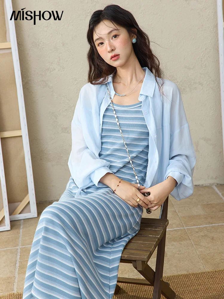 

MISHOW Women's Blue Striped Camisole Dress Lyocell Shirt Separately Summer 2025 Lapel Solid Shirt O-neck Strap Dress MXE34L2285