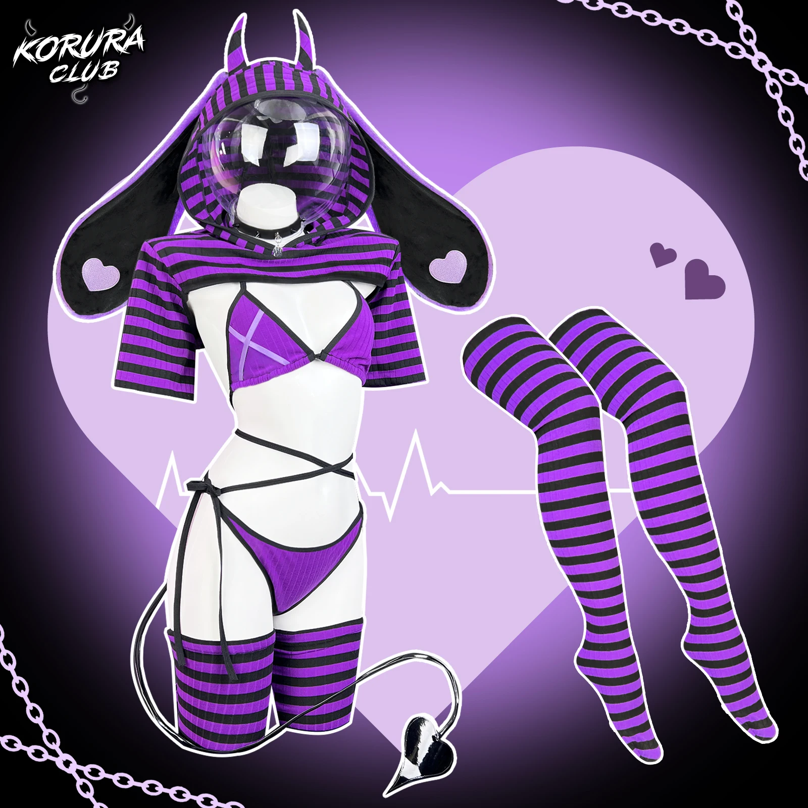 KORURACLUB Damska urocza piżama domowa, kombinezon króliczek, zapinany na zamek, dzianinowy, z długimi rękawami typu bubble, pluszowy ogon królika, kostium do cosplayu
