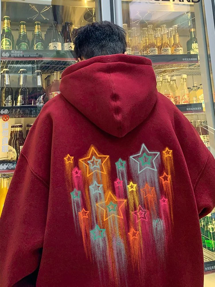 

Мужское худи оверсайз, весна-осень, винно-красное, плотное, износостойкое, модное, в американском уличном стиле, повседневная уличная одежда