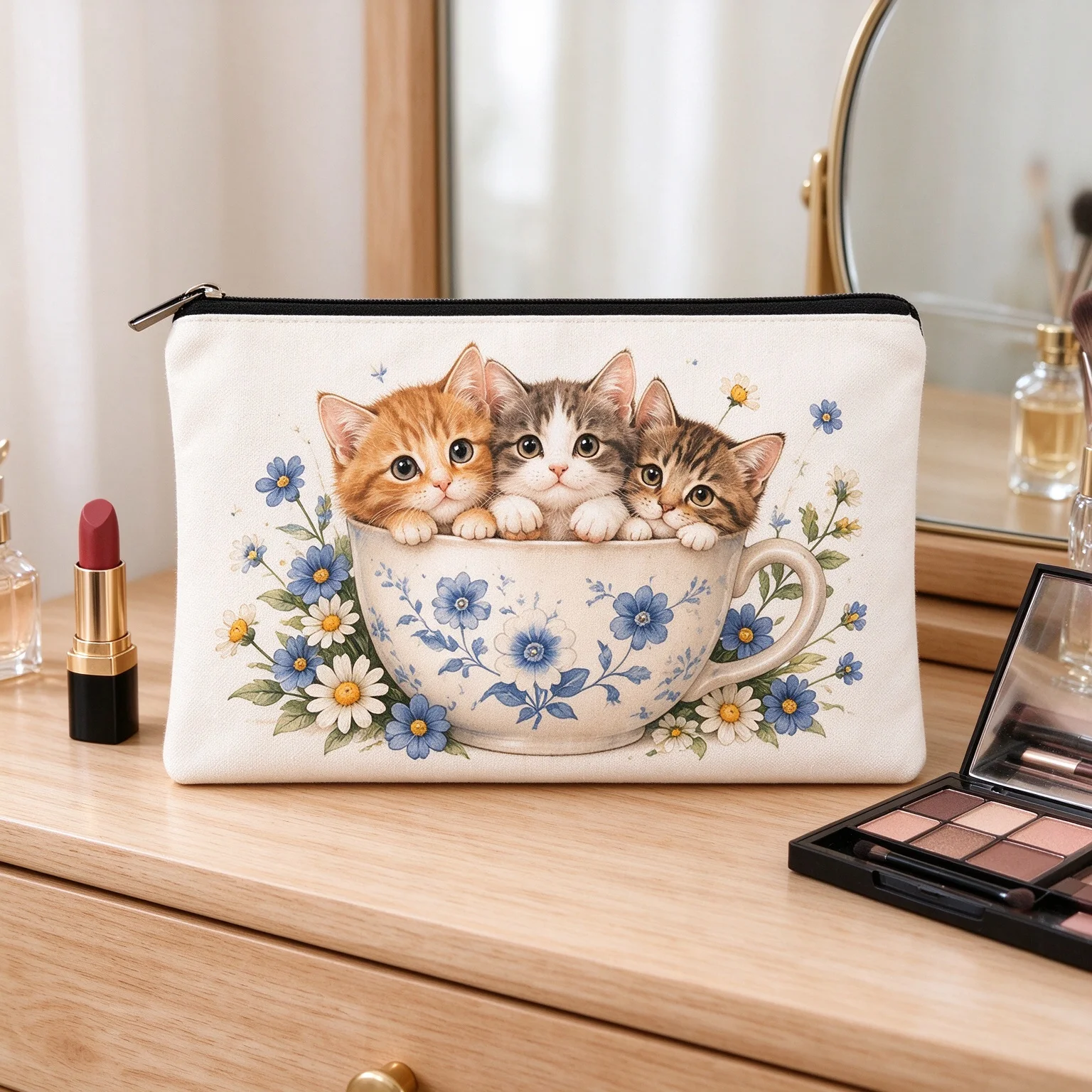 Cute Kittens In Teacup Cosmetic Bag Canvas Zipper Makeup Pouch Travel Storage Organizer for Women Girls Gift