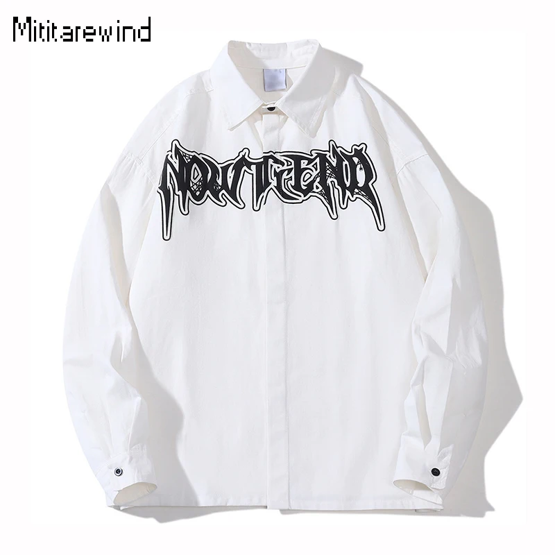 

Streetwear Foam Letter Printed Shirts for Men Spring Fall Mens Long Sleeve Shirt Lapel 100% Cotton Causal Shirts Youth Loose Top