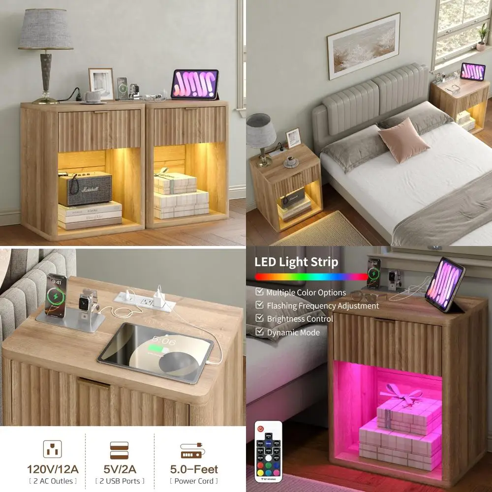 Large Modern Wood Nightstands with Charging Station, LED Light, and Drawer Storage for Bedside