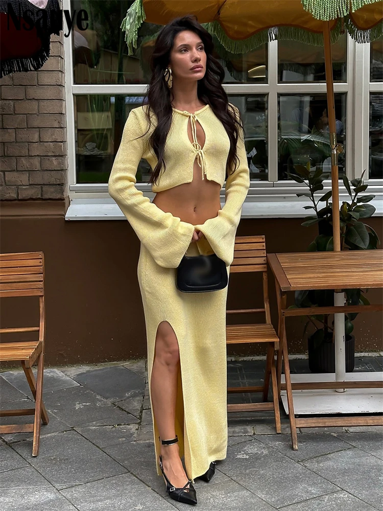

Nsauye Sexy Club Knitted Long Sleeve Skinny Sweater Cardigan Tops Autumn Fashion Wrap Skirt New In Matching 2 Piece Set 2025