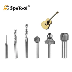 SpeTool 6PCS Carbide CNC Electric Guitar Making Router Bit Set for Luthier, Spiral Bit, Point Cutting Roundover Bit,Bowl Bit