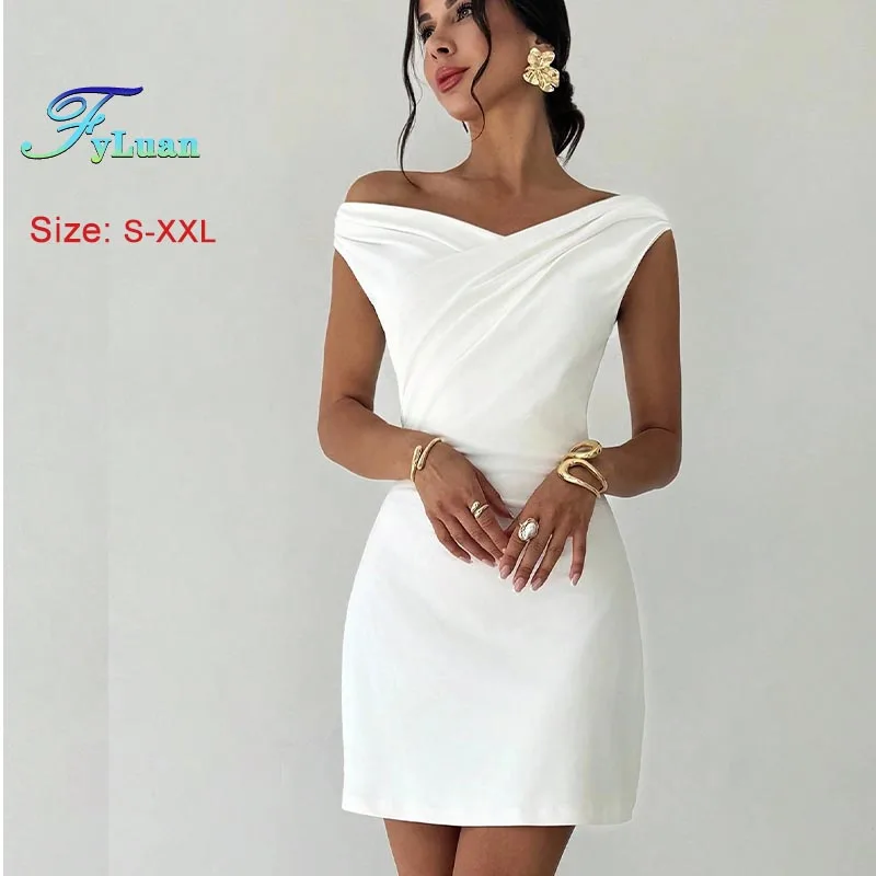 2025 moda feminina roupas vestido gola irregular sem mangas bodycon vestido branco emagrecimento mini vestido festa de aniversário vestidos de baile