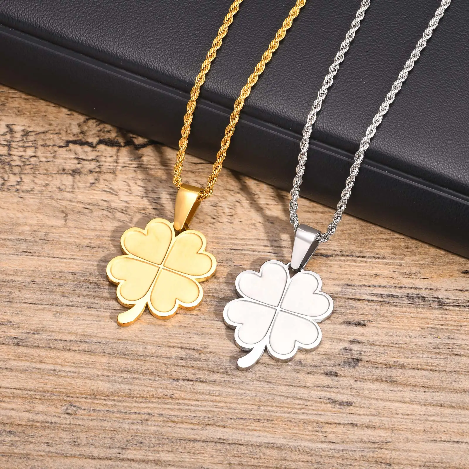 MP Lucky Leaf Necklaces for Men Boys,Stainless Steel Four Leaf Clover Pendant with 50cm/55cm/60cm Rope Chain,Blessing Gift