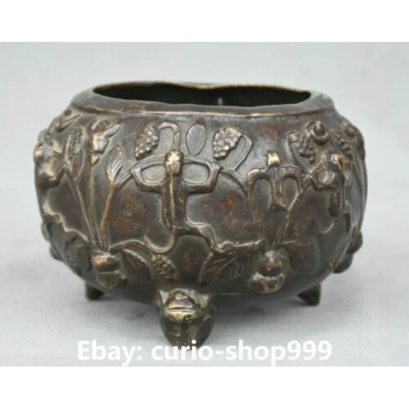 

Old Chinese Bronze Dynasty Bull Head Beast Grape Gourd Incense Burner Censer