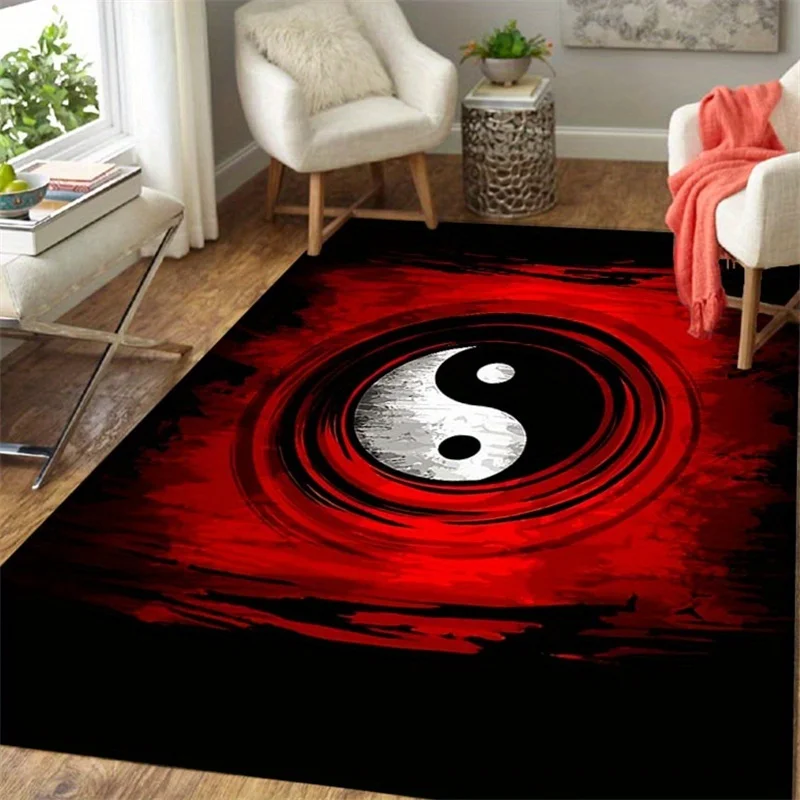 Red Black Ink Wash Yin Yang Symbol Abstract Swirl Print Large Area Rug Soft Flannel Non Slip Floor Carpet for Living Room Decor