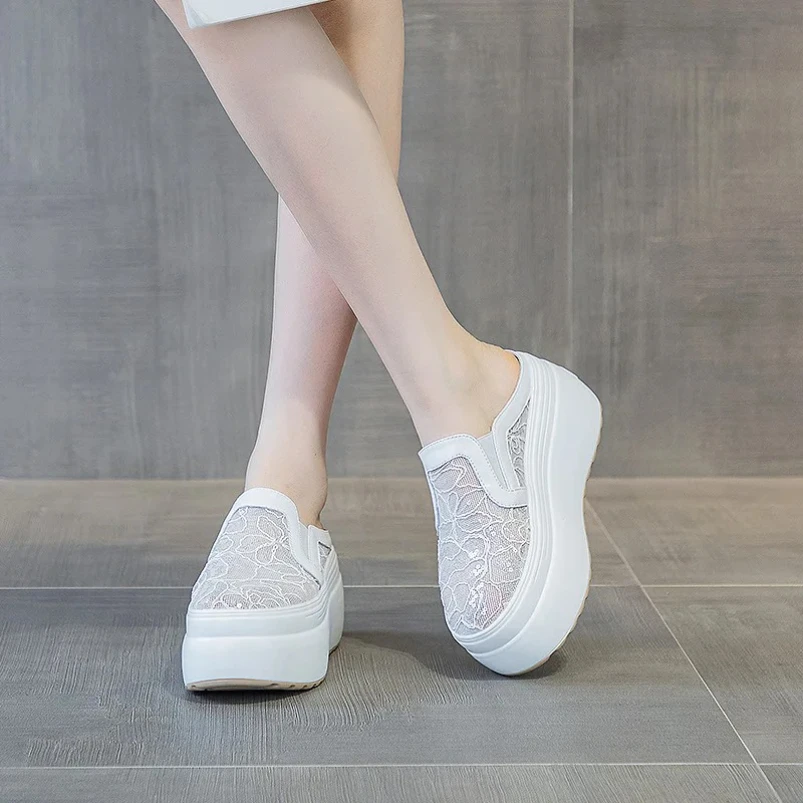 

2025 сетчатые кружевные сандалии из натуральной кожи на платформе 8 см, женские повседневные женские модные летние сандалии на скрытом каблуке, тапочки, женские туфли-лодочки