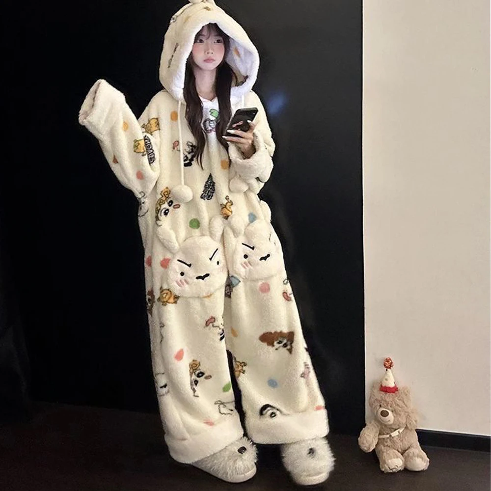 Pijama de una Pieza con Estampado de Anime Crayon Shin Chan para Mujer, de Felpa Coral, con Capucha, Cálido, Lindo, de Dibujos Animados, para Estudiantes, Ropa de Dormir para Invierno