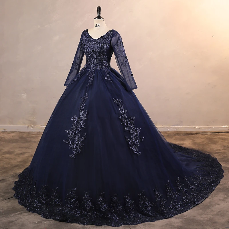 Auf Lager Marineblaues Partykleid mit Schleppe Günstige 15-Quinceanera-Kleider Langarm Formelles Abendkleid Günstiges Kleid Maßgeschneidert