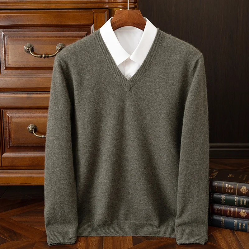 100% Cashmere Autumn Winter Multi-color Business Men V-neck Long Sleeve Pullover Sweater Smart Casual Soft Comfort Knitwear Tops