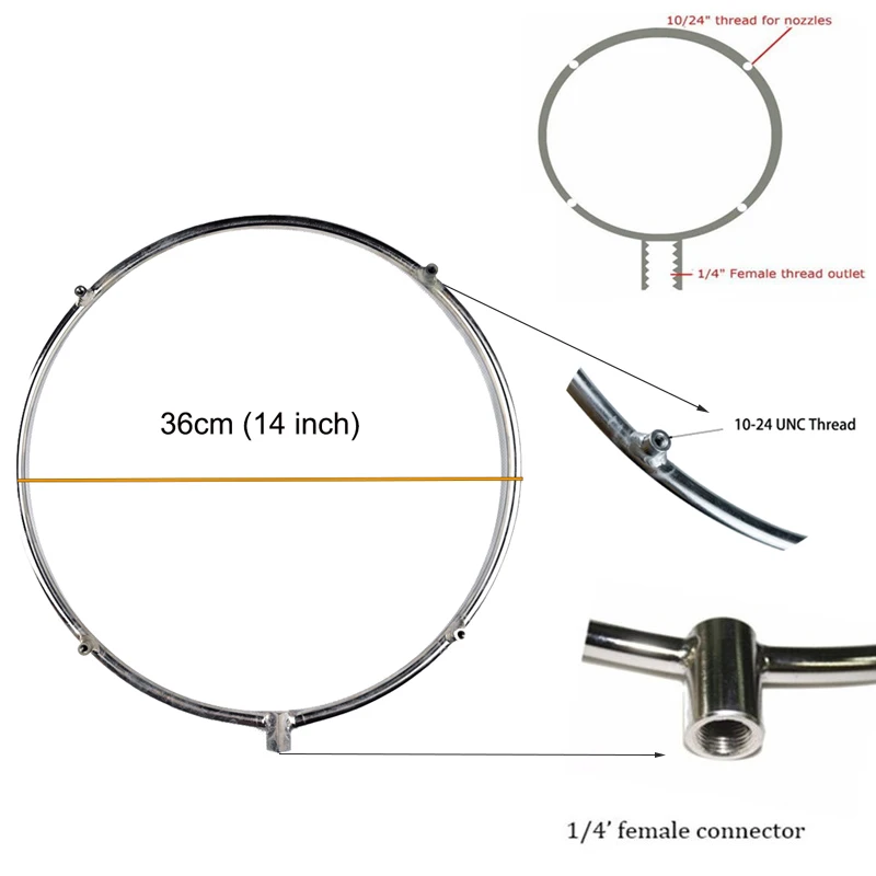 

36CM Stainless Steel Mist Ring For Fan Cooling 1/4'' Female Connector 10-24 UNC Threrad With 4 Nozzles 1 Filter