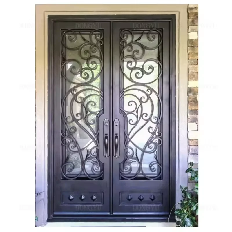 xx-Customization Classic Black Wrought Iron Front Door Exterior Double Metal Main Door