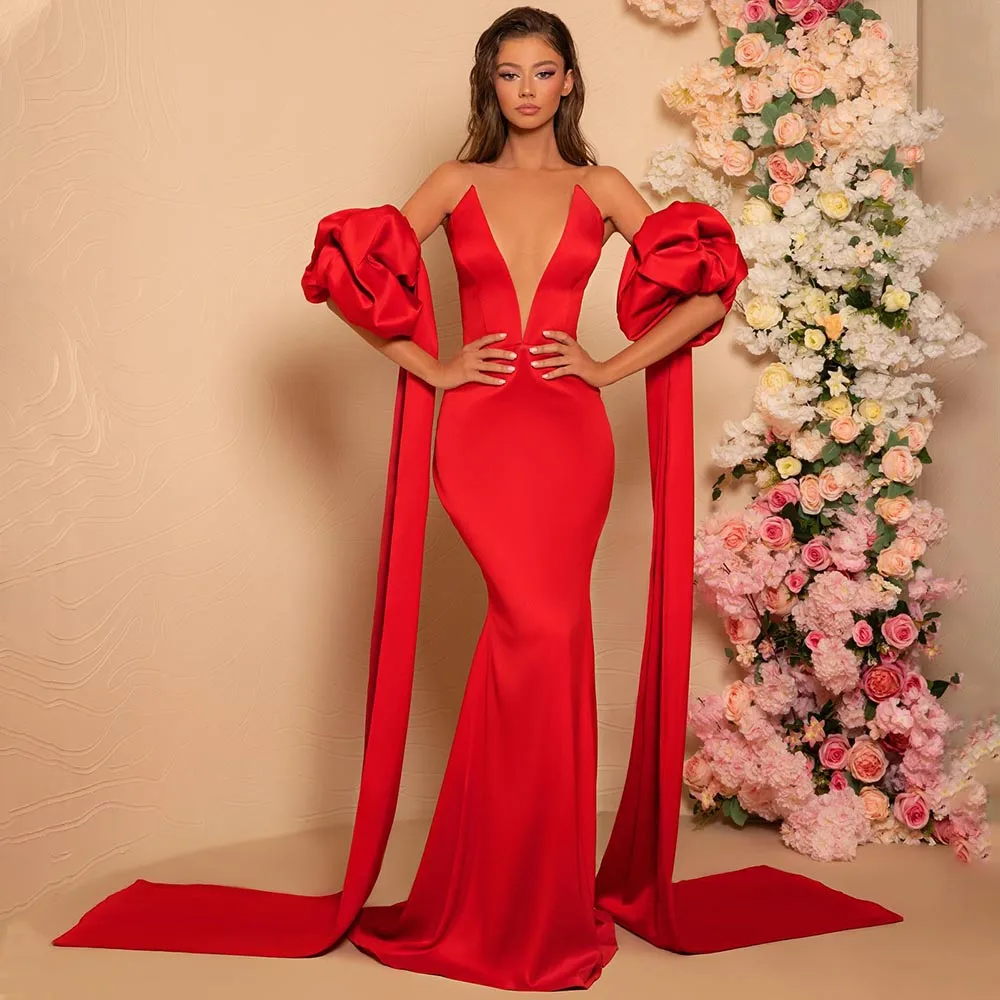 

Sexy Evening Party Dresses Red Satin Deep V Neck Mermaid Women's Gowns Long Puff Sleeves Trumpet Formal Prom Dress 2023