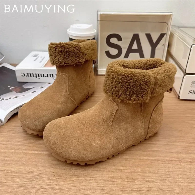 Suede Women Snow Ankle Boots Fur Flats Casual Shoes Woman 2025 Trend Winter Warm Cozy Walking Sneakers Motorcycle Botas De Mujer