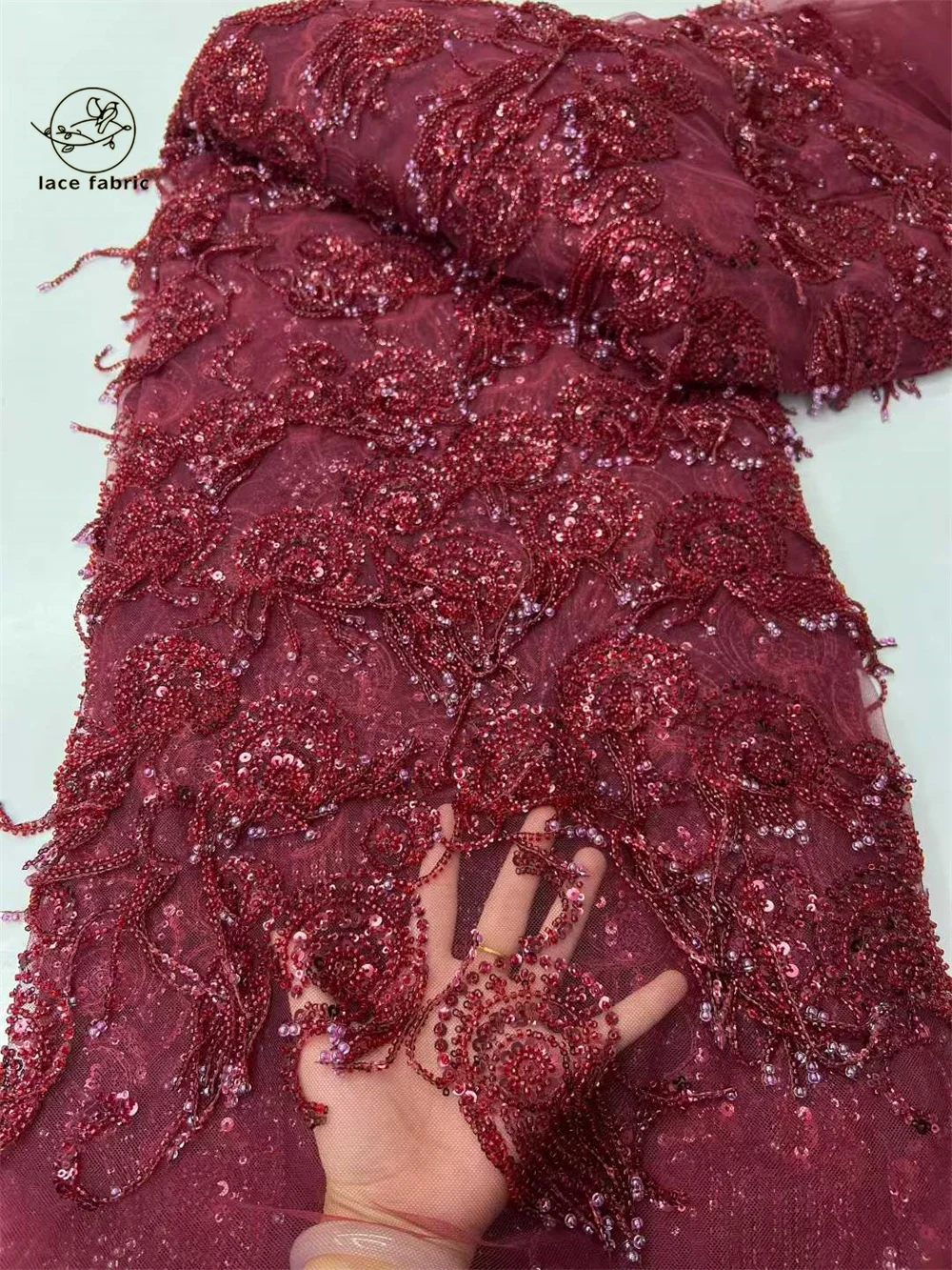 Tassel 5 Yards Luxury High-end Beaded Fabric Heavy Sequins Embroidery Fabric Fashion French Tulle Mesh Lace Fabric for Wedding