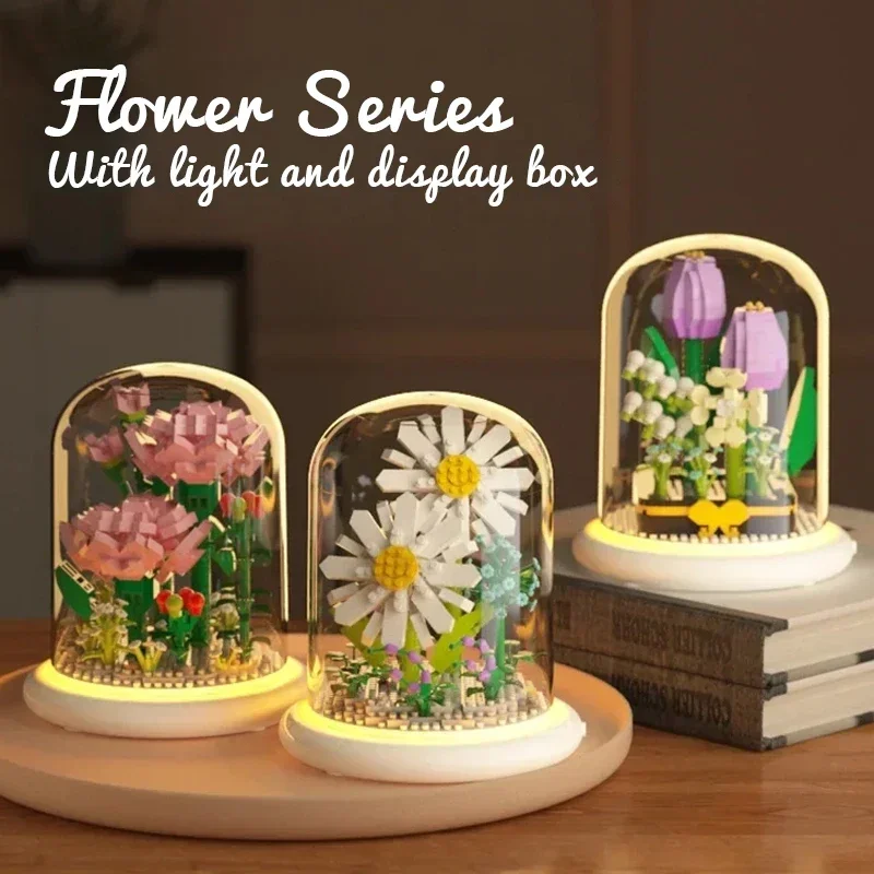 Blumen-Baustein mit LED-Licht-Displaybox, Blumenstrauß, ewige Blume, Puzzle-Bausteine, Heimtischdekoration, romantisches Weihnachtsgeschenk
