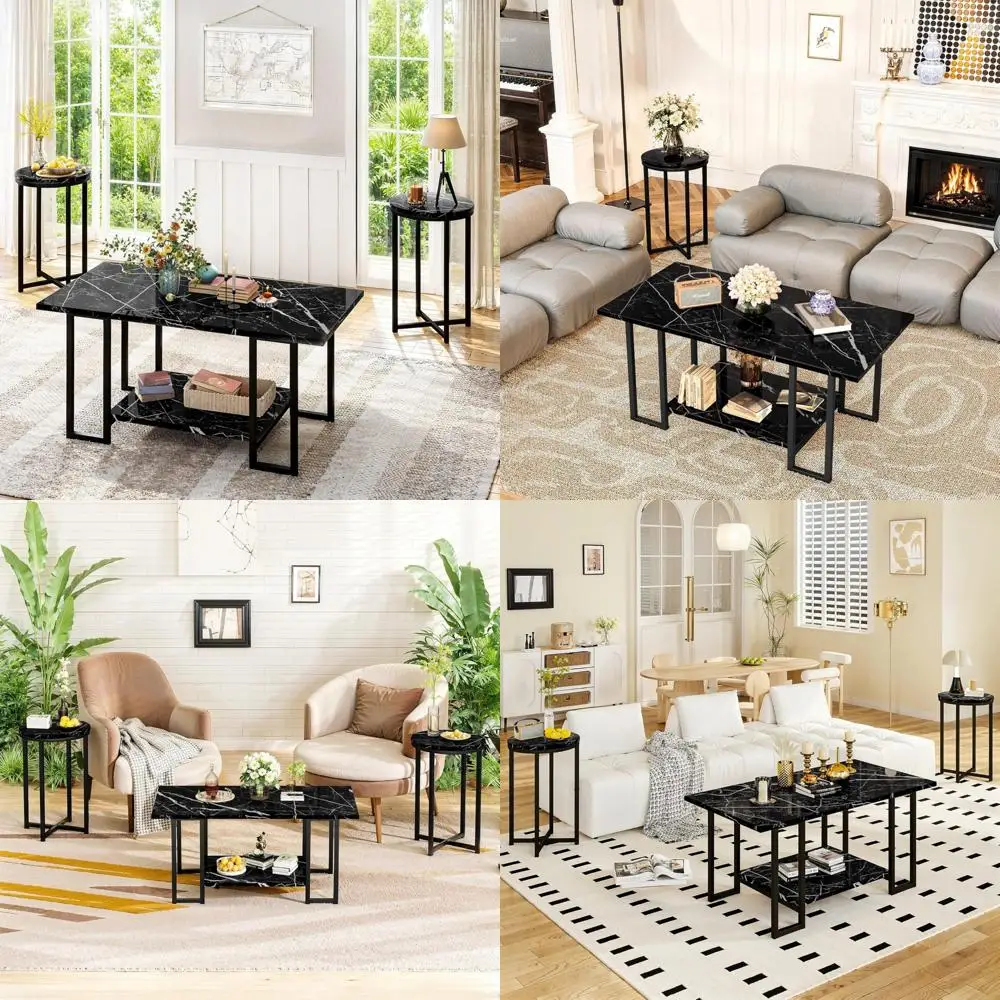 3-Piece Living Room Furniture Set: Faux Marble Coffee Table and Two Round End Side Tables with Metal Frame