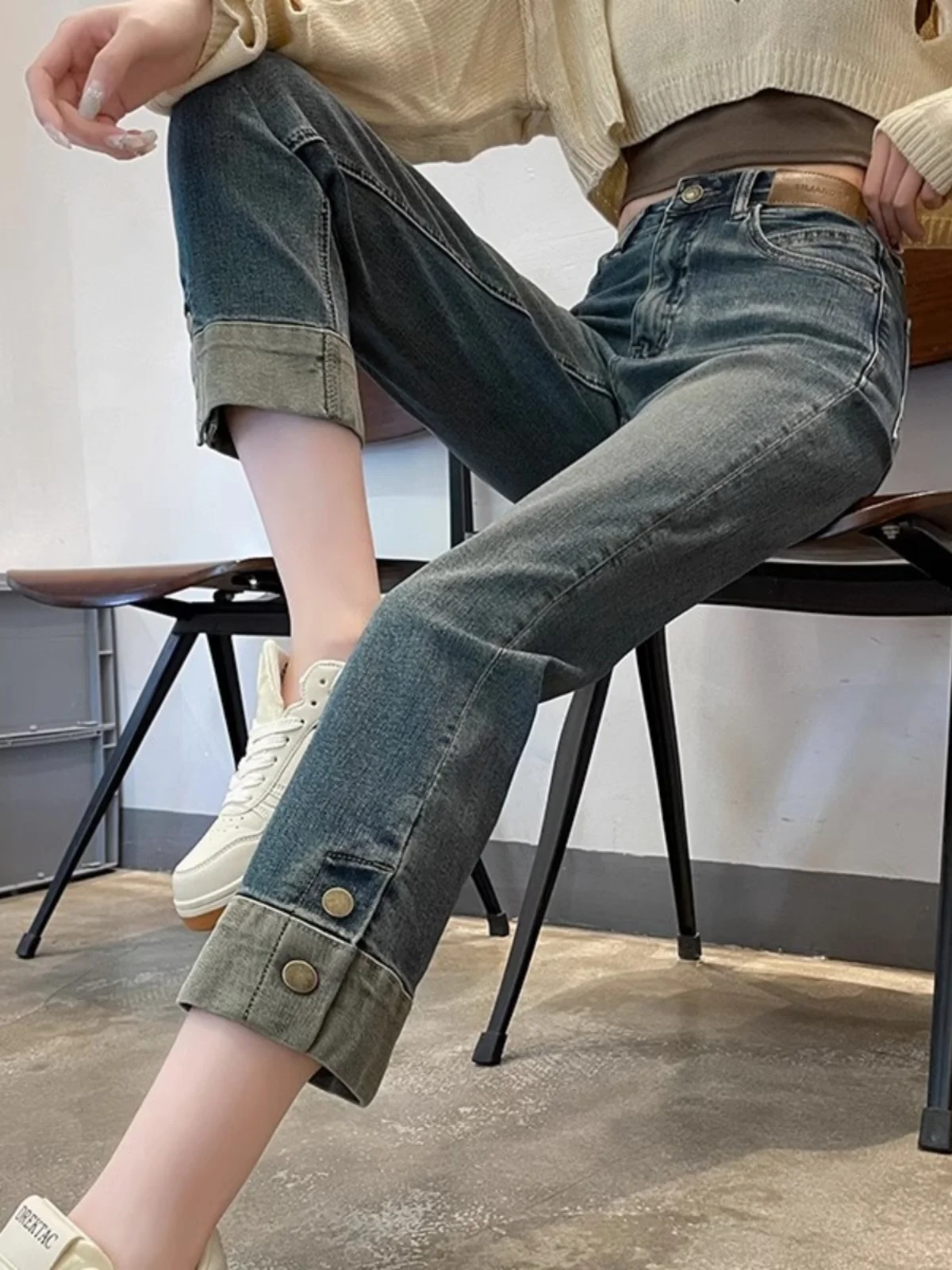 

High Waist Straight Leg Jeans Women's Autumn plus Size Slimming Versatile Nine Point Small Group Cuffed Smoke Tube Pants Winter