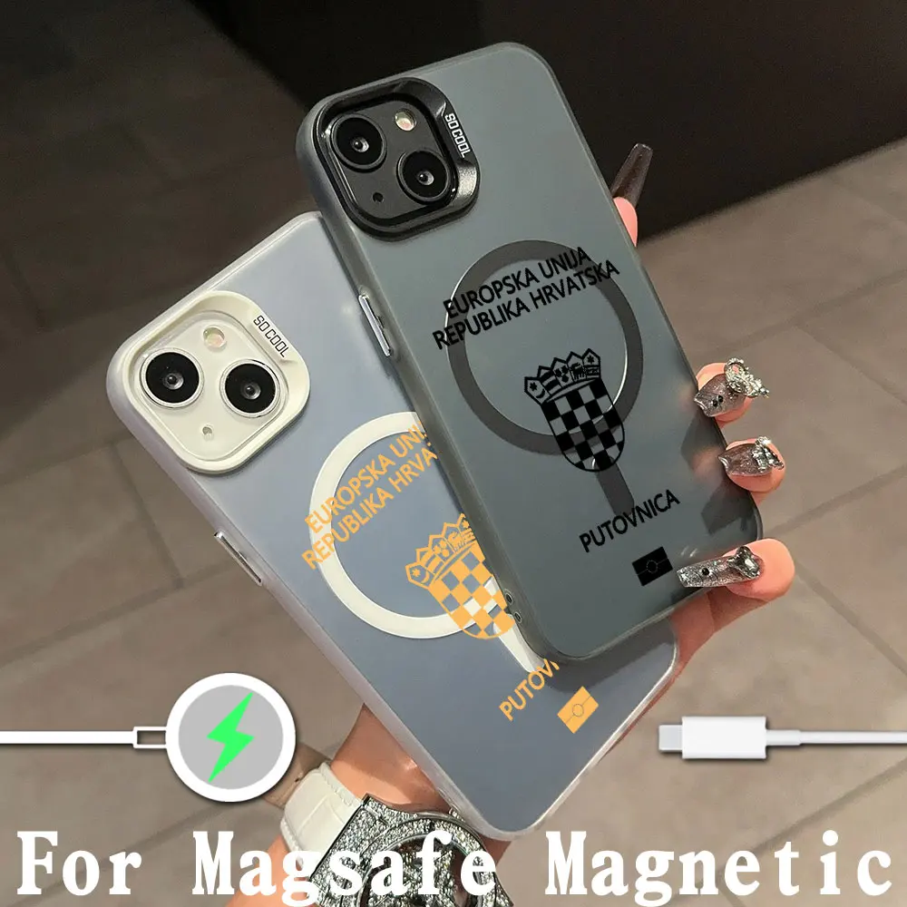 Croatia Passport Magsafe Magnetic Phone Case for IPhone 11 12 13 14 15 16 Pro Max Plus Creative Border Silver Plated Cover