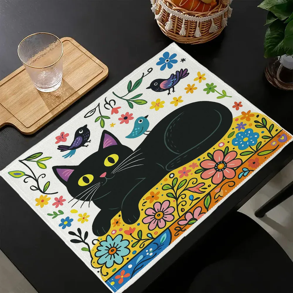 1PC Black Cat Placemats Snowman with Bird White Snowflake Winter Blue Place Mats for Dining Room Dinner Table Washable 7.14