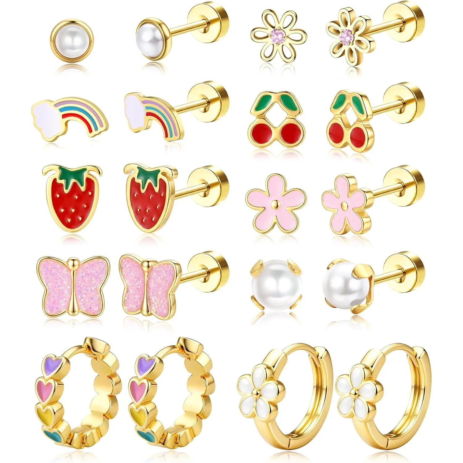 FASACCO, 1 par de pendientes de acero quirúrgico con baño de oro, hipoalergénicos, de diseño plano, para mujer, ideales para perforaciones en el cartílago, el trago o la hélice.