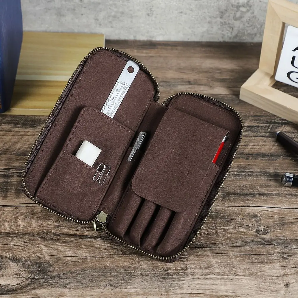 Handgefertigtes Federmäppchen aus echtem Leder mit 4 Fächern, Design im Vintage-Stil, Füllfederhaltertasche, Crazy Horse-Leder